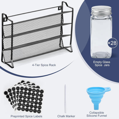 Spice Rack Organizer for Cabinet, Spice Organizer with 28 Empty Spice Jars with Black Lids, Funnel, Spice Labels, Seasoning Organizer for Countertop, Cabinet, Kitchen, Pantry, Cupboard