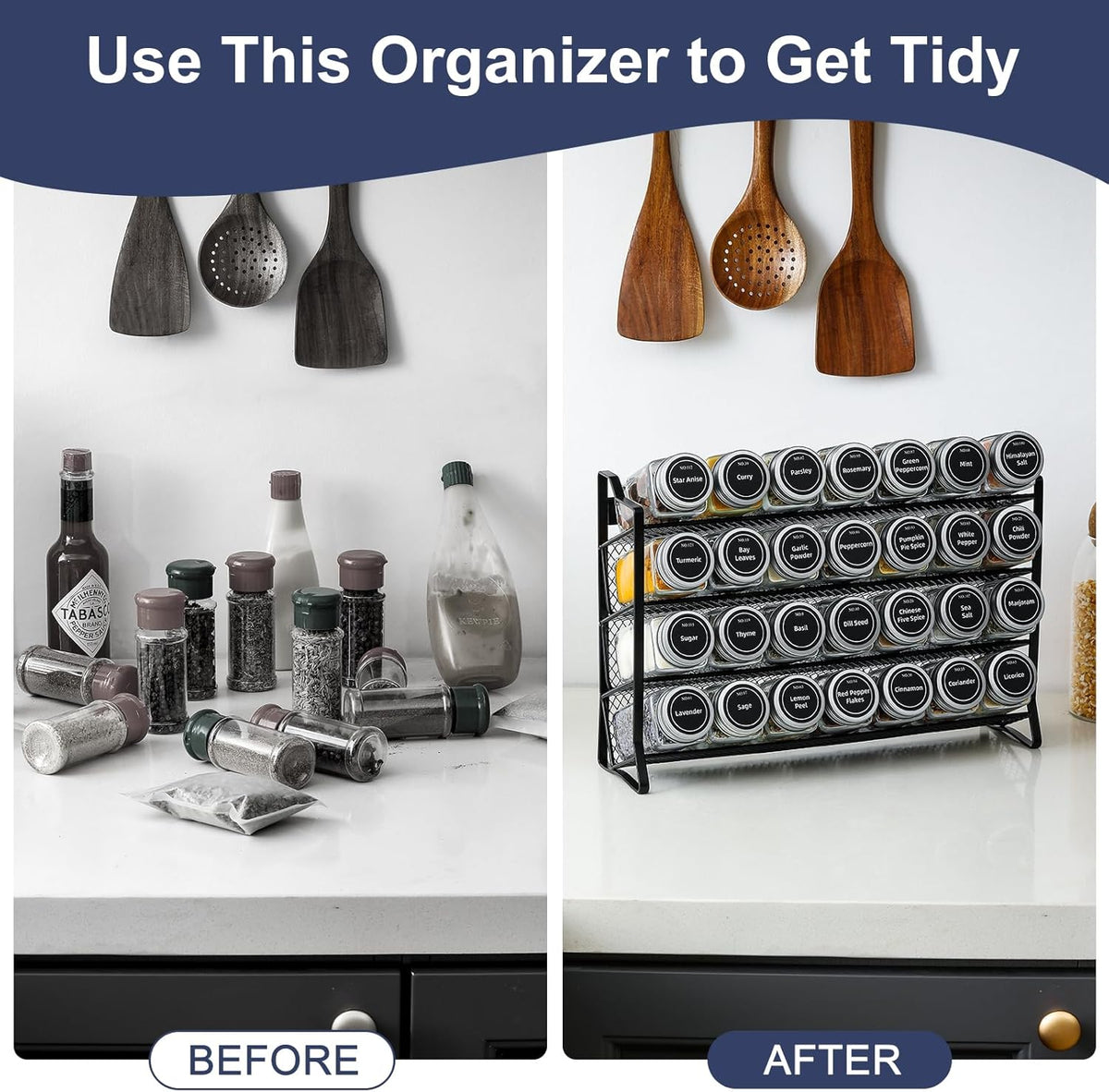 Spice Rack Organizer for Cabinet, Spice Organizer with 28 Empty Spice Jars with Black Lids, Funnel, Spice Labels, Seasoning Organizer for Countertop, Cabinet, Kitchen, Pantry, Cupboard