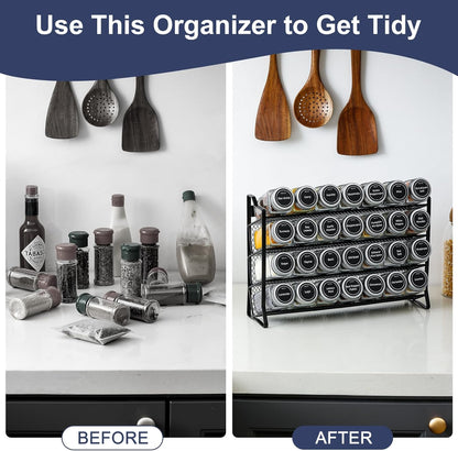 Spice Rack Organizer for Cabinet, Spice Organizer with 28 Empty Spice Jars with Black Lids, Funnel, Spice Labels, Seasoning Organizer for Countertop, Cabinet, Kitchen, Pantry, Cupboard