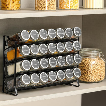 Spice Rack Organizer for Cabinet, Spice Organizer with 28 Empty Spice Jars with Black Lids, Funnel, Spice Labels, Seasoning Organizer for Countertop, Cabinet, Kitchen, Pantry, Cupboard