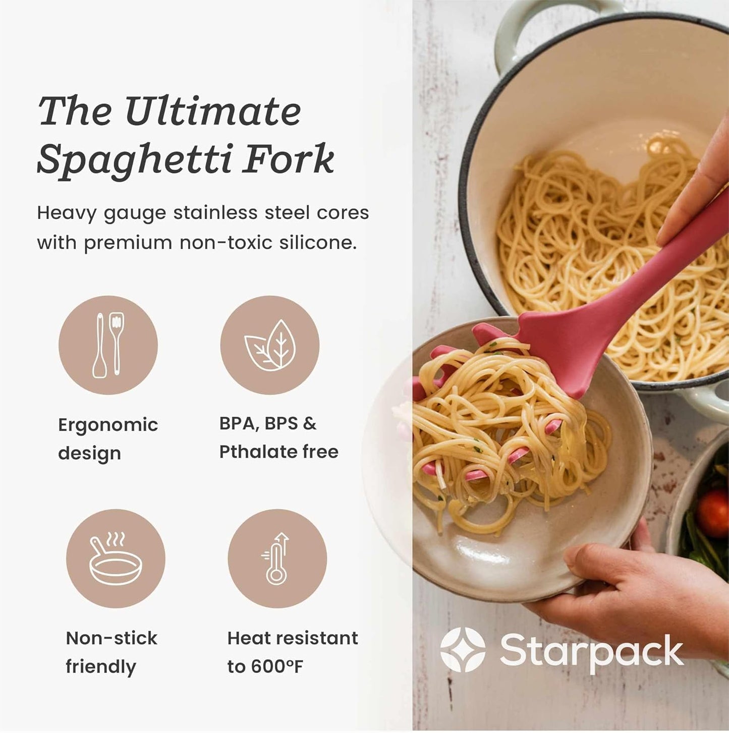 Starpack XL Premium Silicone Pasta Fork (13.5") - Spaghetti Spoons High Heat Resistant to 600°F - Silicone Pasta Spoon Strainer - Server Spoon with Teeth - Server Utensil for Pastas