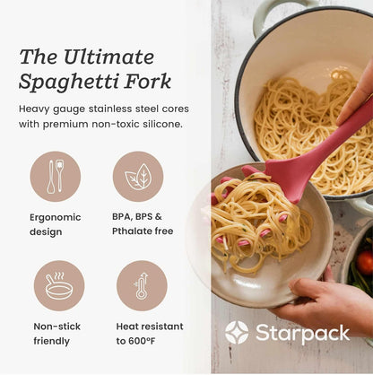 Starpack XL Premium Silicone Pasta Fork (13.5") - Spaghetti Spoons High Heat Resistant to 600°F - Silicone Pasta Spoon Strainer - Server Spoon with Teeth - Server Utensil for Pastas