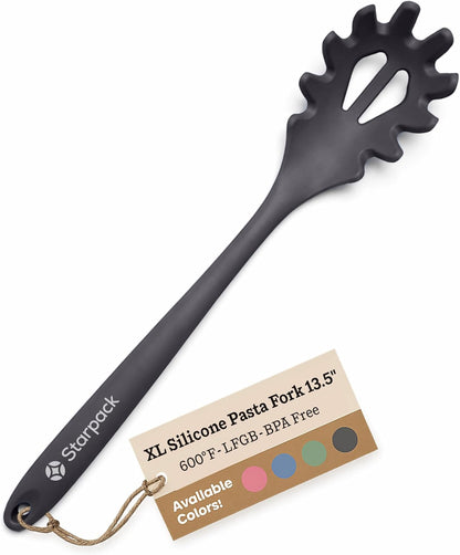 Starpack XL Premium Silicone Pasta Fork (13.5") - Spaghetti Spoons High Heat Resistant to 600°F - Silicone Pasta Spoon Strainer - Server Spoon with Teeth - Server Utensil for Pastas