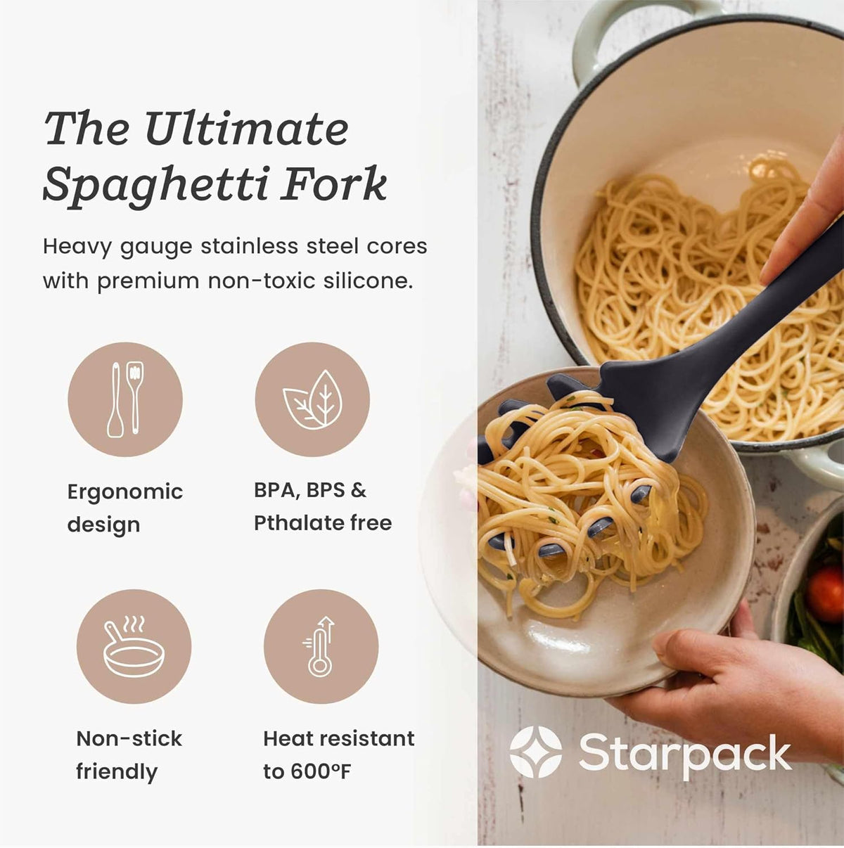 Starpack XL Premium Silicone Pasta Fork (13.5") - Spaghetti Spoons High Heat Resistant to 600°F - Silicone Pasta Spoon Strainer - Server Spoon with Teeth - Server Utensil for Pastas
