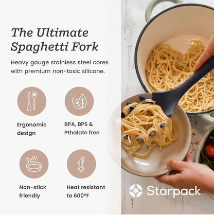 Starpack XL Premium Silicone Pasta Fork (13.5") - Spaghetti Spoons High Heat Resistant to 600°F - Silicone Pasta Spoon Strainer - Server Spoon with Teeth - Server Utensil for Pastas