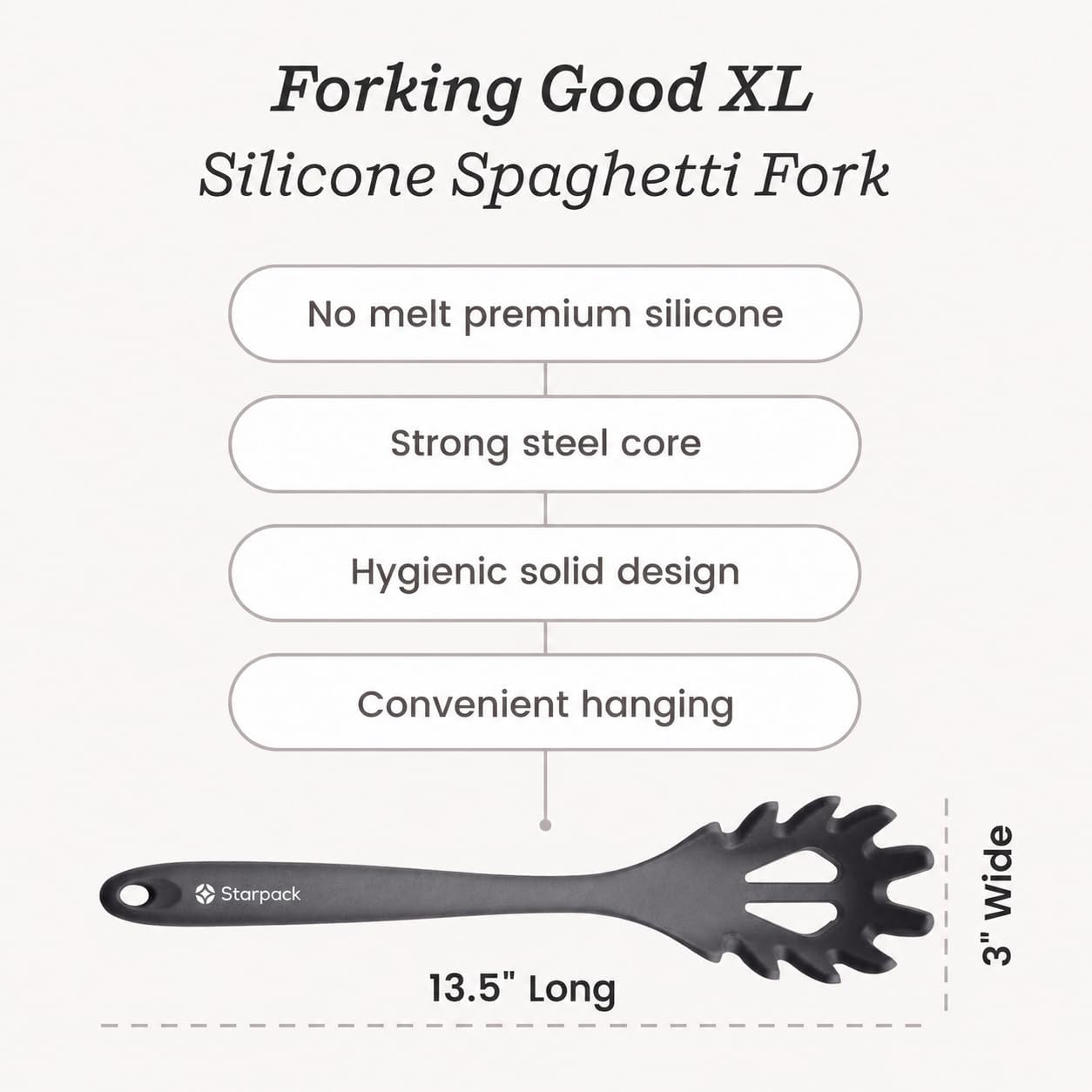 Starpack XL Premium Silicone Pasta Fork (13.5") - Spaghetti Spoons High Heat Resistant to 600°F - Silicone Pasta Spoon Strainer - Server Spoon with Teeth - Server Utensil for Pastas