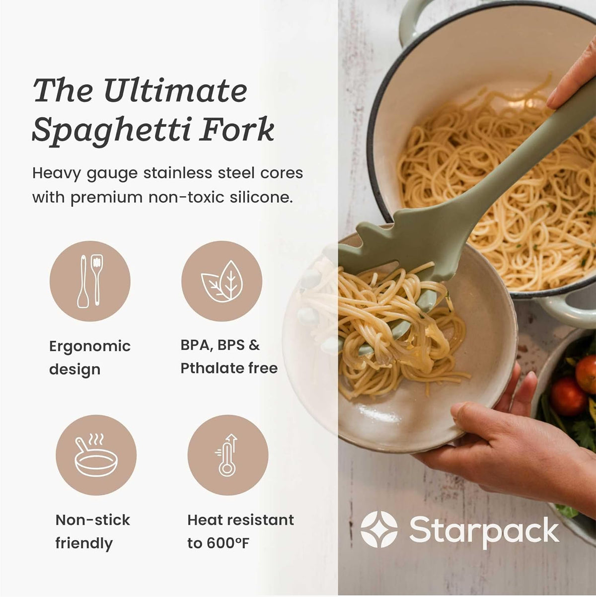 Starpack XL Premium Silicone Pasta Fork (13.5") - Spaghetti Spoons High Heat Resistant to 600°F - Silicone Pasta Spoon Strainer - Server Spoon with Teeth - Server Utensil for Pastas