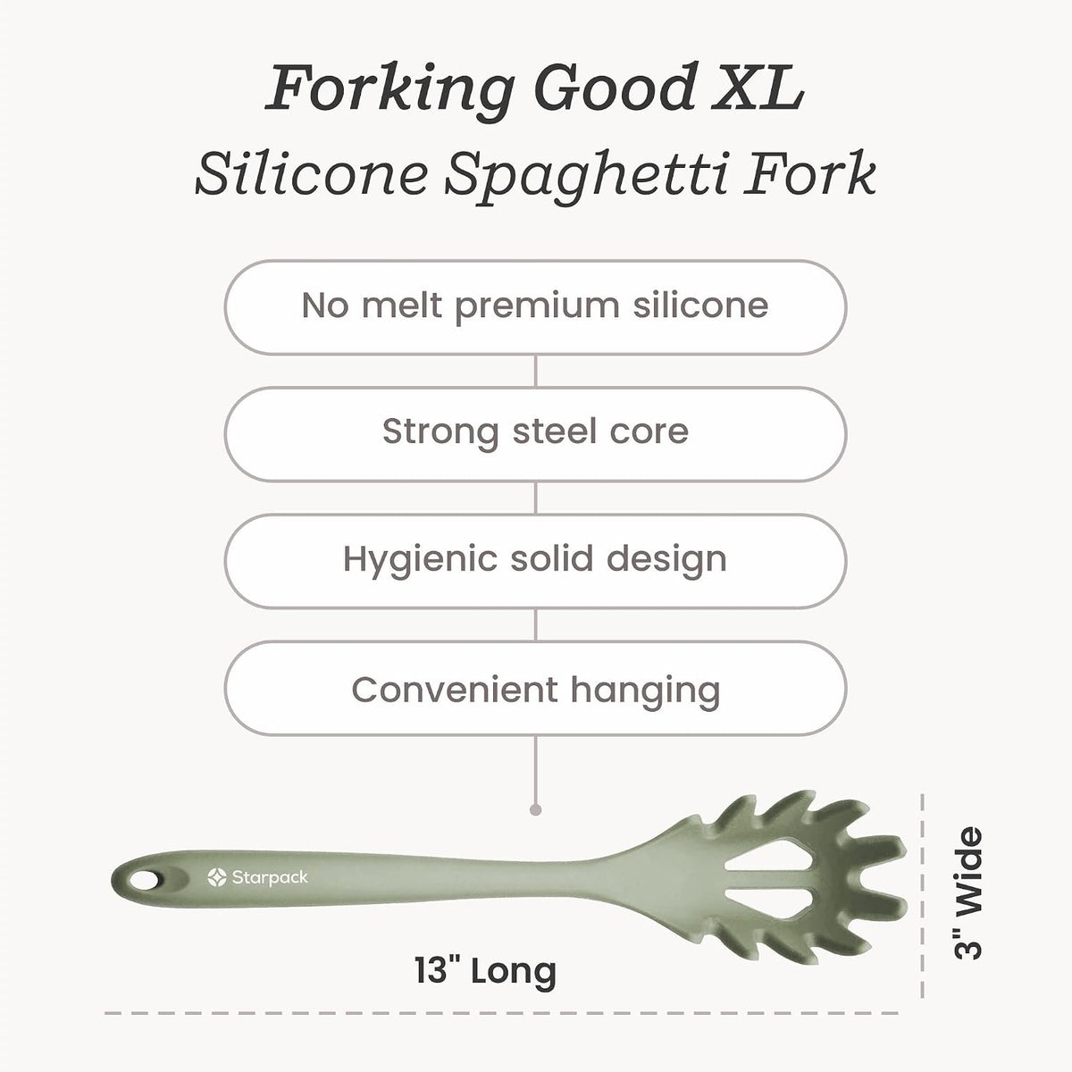 Starpack XL Premium Silicone Pasta Fork (13.5") - Spaghetti Spoons High Heat Resistant to 600°F - Silicone Pasta Spoon Strainer - Server Spoon with Teeth - Server Utensil for Pastas