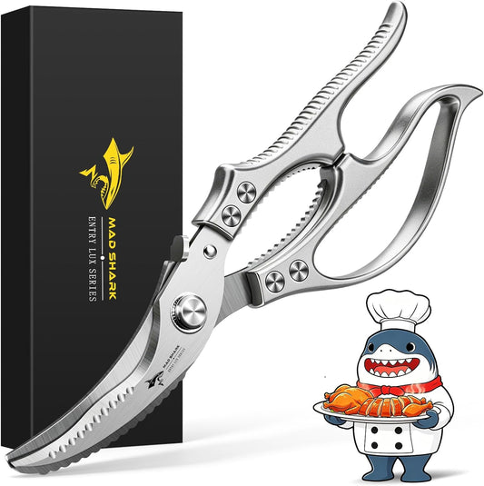 Heavy Duty Poultry Shears, Kitchen Shears with Non-Slip Handle & Safety Lock, All Purpose Kitchen Scissors for Chicken, Meat Cutting, Turkey, Fish, Vegetables, Spring Loaded, Dishwasher Safe