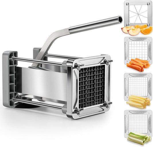 French Fry Cutter, Professional Stainless Steel Potato Cutter with 1/2", 1/4", 3/8" & Wedge Blades for Potatoes, Carrots, Apples