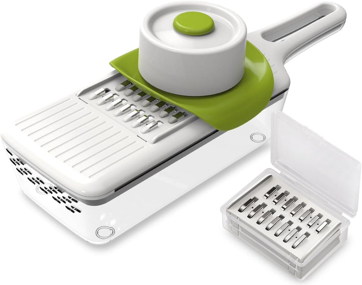 Stainless Steel Mandoline Slicer - Adjustable Multi-Blade Vegetable & Food Chopper with 6 Interchangeable Blades, Safe Hand Guard, Non-Slip Base & Catch Tray – Julienne Slicer