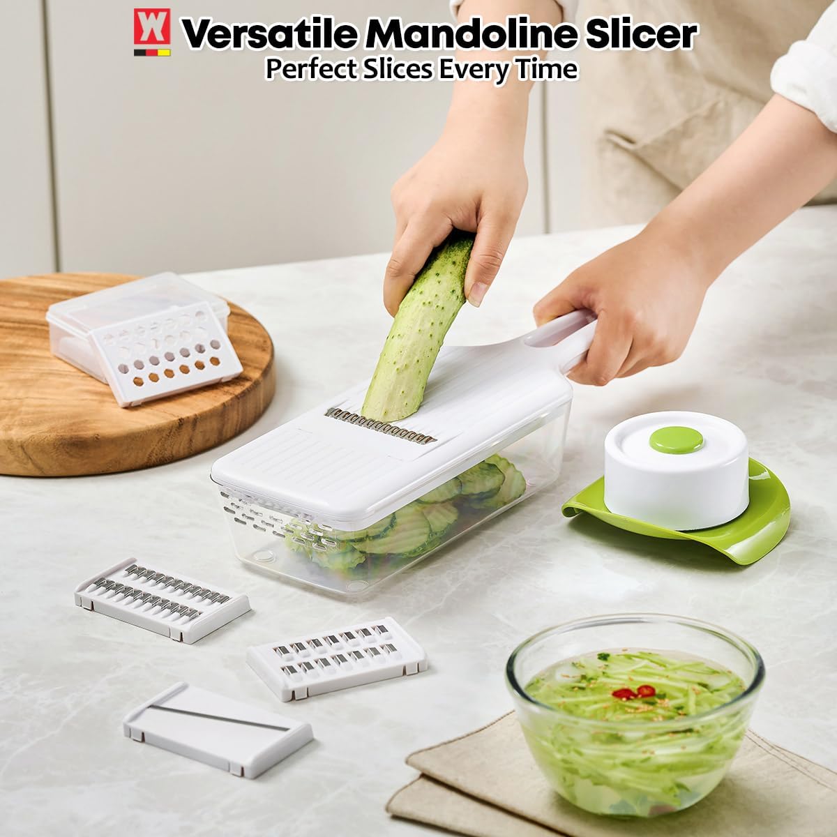 Stainless Steel Mandoline Slicer - Adjustable Multi-Blade Vegetable & Food Chopper with 6 Interchangeable Blades, Safe Hand Guard, Non-Slip Base & Catch Tray – Julienne Slicer