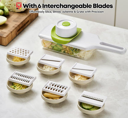 Stainless Steel Mandoline Slicer - Adjustable Multi-Blade Vegetable & Food Chopper with 6 Interchangeable Blades, Safe Hand Guard, Non-Slip Base & Catch Tray – Julienne Slicer