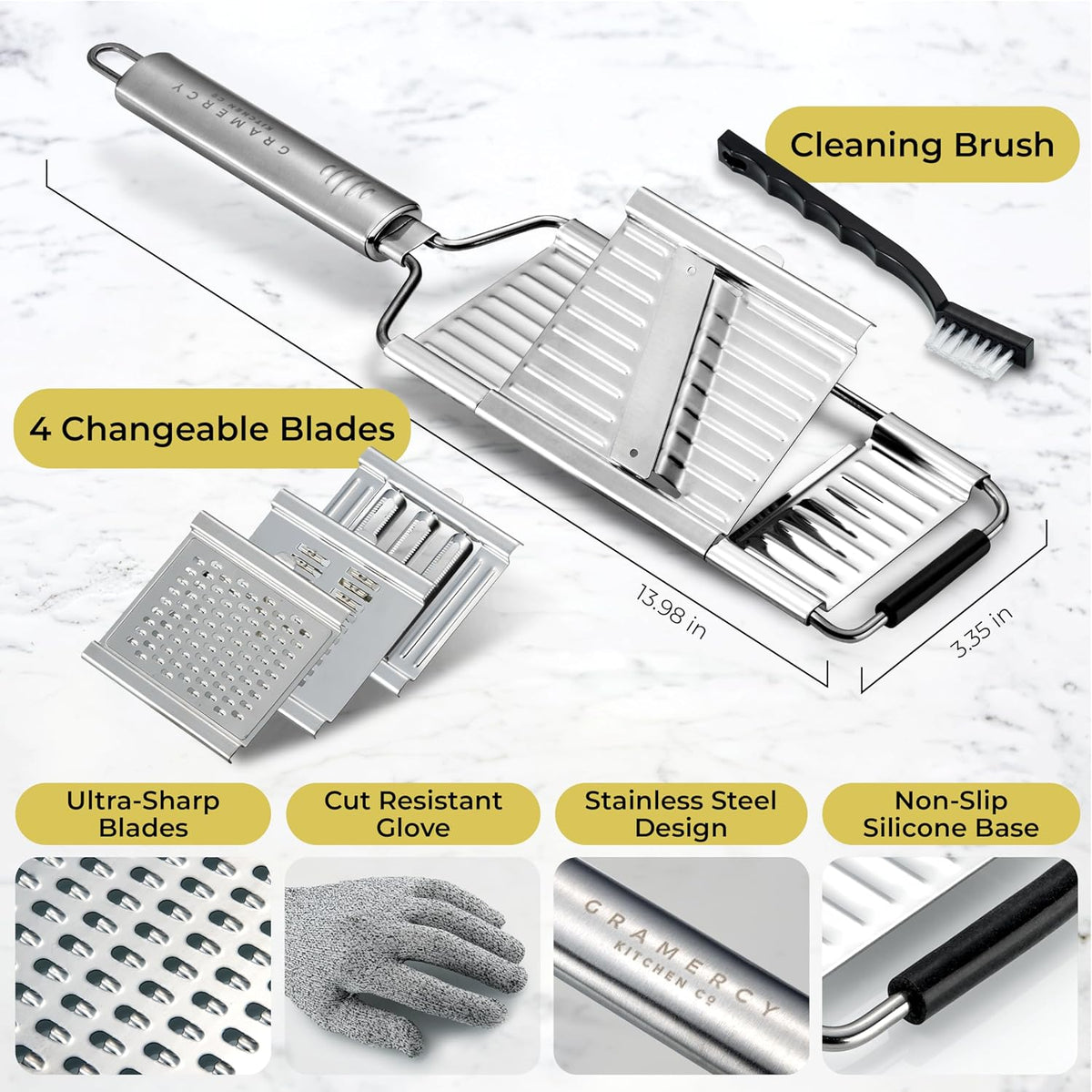 Gramercy Handheld Mandoline Slicer for Kitchen, Stainless Steel, 4 Blades
