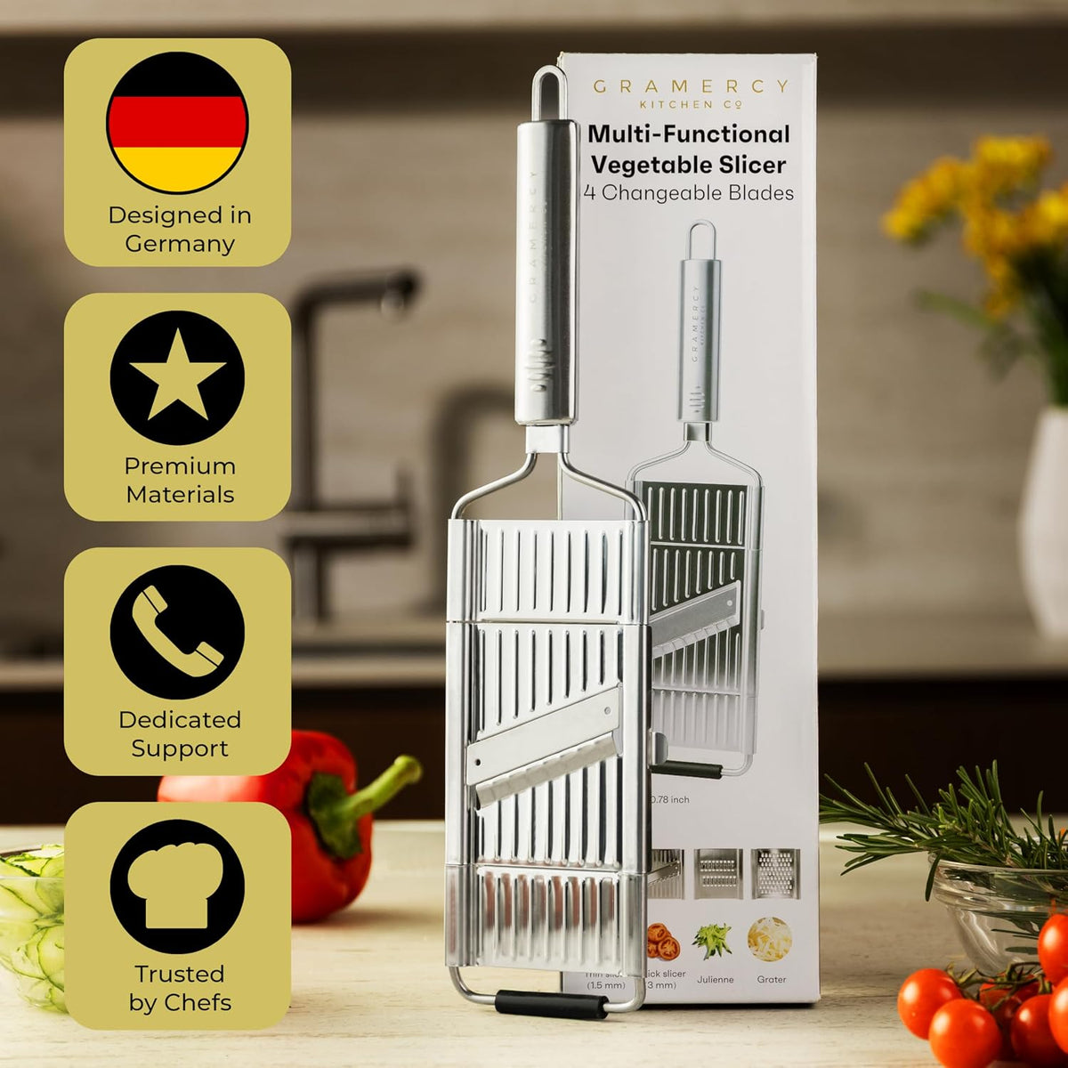Gramercy Handheld Mandoline Slicer for Kitchen, Stainless Steel, 4 Blades