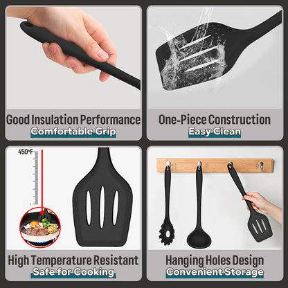 Black Silicone Cooking Utensils Set, Nonstick Kitchen Utensils
