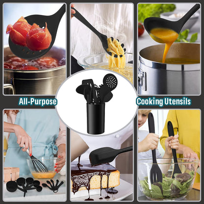 Black Silicone Cooking Utensils Set, Nonstick Kitchen Utensils