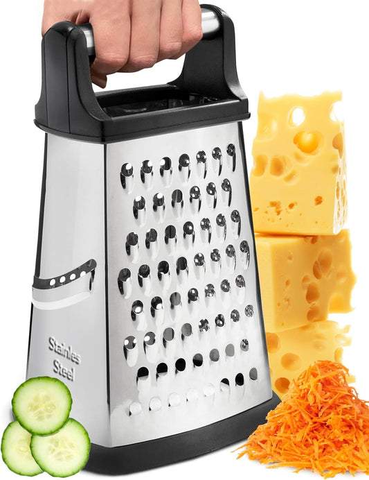 Professional Cheese Grater, XL Size 4-Sided Stainless Steel Box Grater, Food Shredder for Cheese, Cheese Shredder - Cheese Grater with Handle - Graters for Kitchen Stainless Steel Food Grater