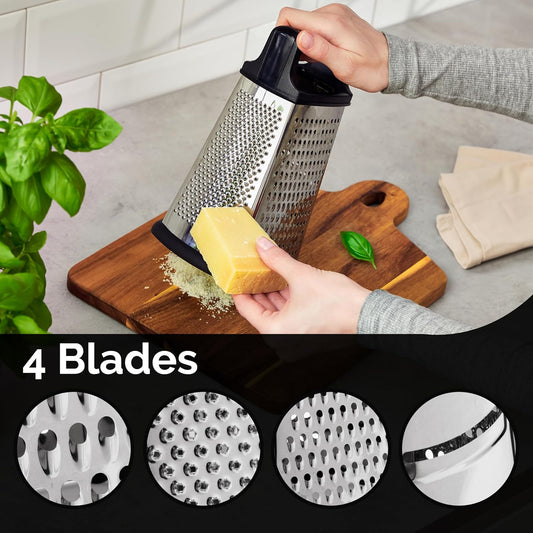 Professional Cheese Grater, XL Size 4-Sided Stainless Steel Box Grater, Food Shredder for Cheese, Cheese Shredder - Cheese Grater with Handle - Graters for Kitchen Stainless Steel Food Grater