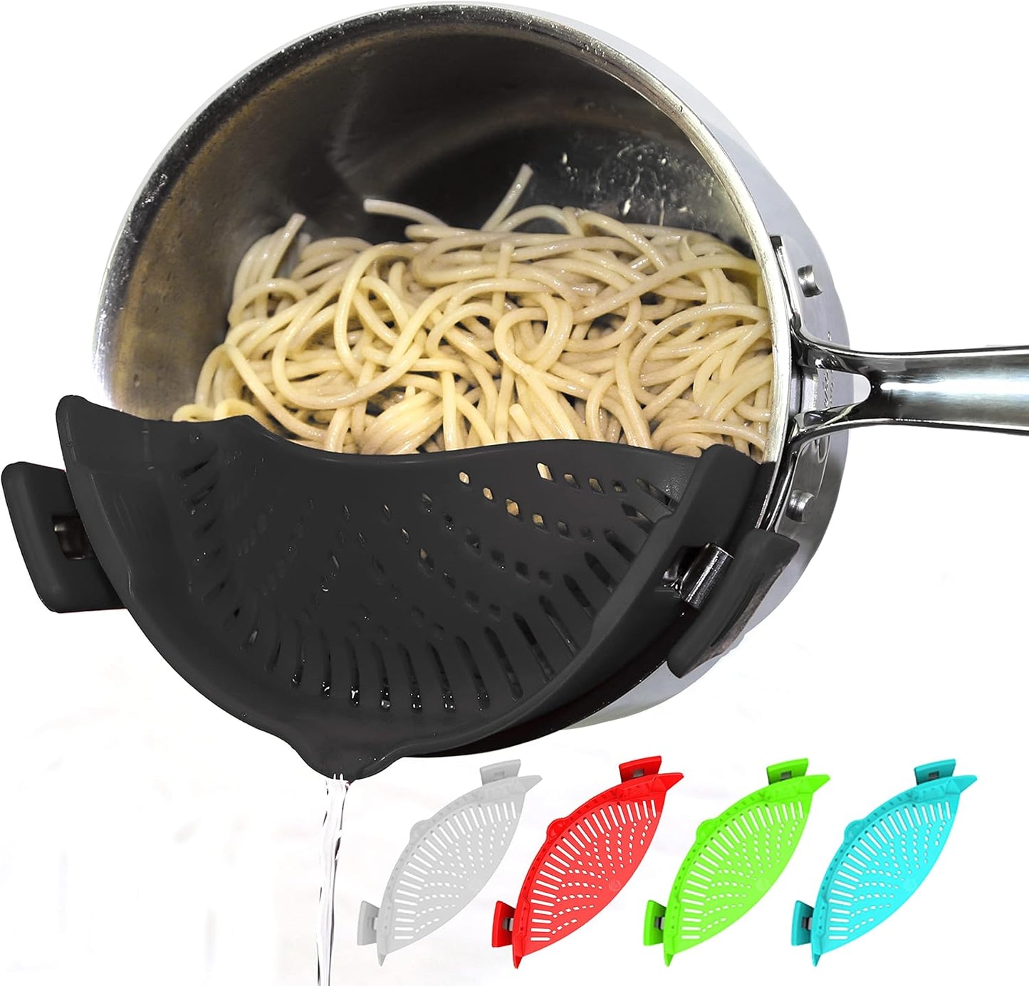 Clip On Pasta Strainer Silicone Universal Fit for all Pots and Bowls Snap On Drainer for Meat, Vegetables, Fruit Colander for Kitchen Easily Drain Food Space Saving