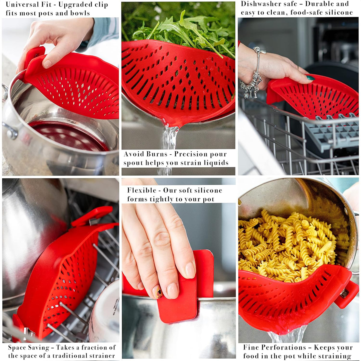 Clip On Pasta Strainer Silicone Universal Fit for all Pots and Bowls Snap On Drainer for Meat, Vegetables, Fruit Colander for Kitchen Easily Drain Food Space Saving