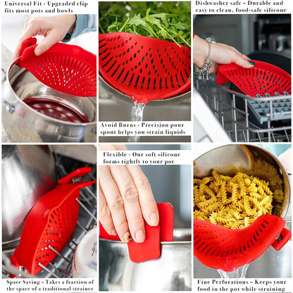 Clip On Pasta Strainer Silicone Universal Fit for all Pots and Bowls Snap On Drainer for Meat, Vegetables, Fruit Colander for Kitchen Easily Drain Food Space Saving