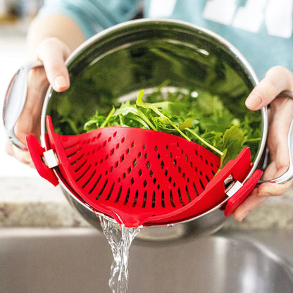 Clip On Pasta Strainer Silicone Universal Fit for all Pots and Bowls Snap On Drainer for Meat, Vegetables, Fruit Colander for Kitchen Easily Drain Food Space Saving