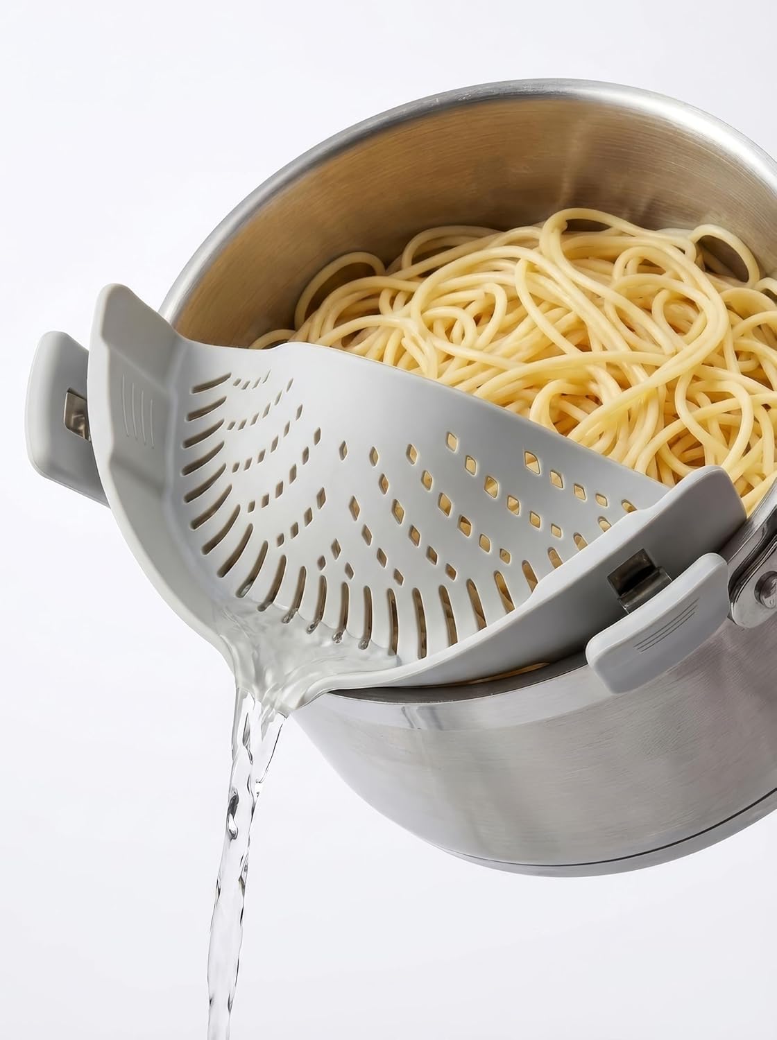 Clip On Pasta Strainer Silicone Universal Fit for all Pots and Bowls Snap On Drainer for Meat, Vegetables, Fruit Colander for Kitchen Easily Drain Food Space Saving