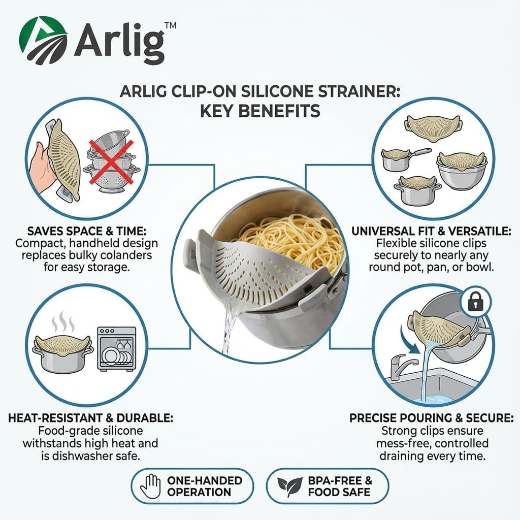 Clip On Pasta Strainer Silicone Universal Fit for all Pots and Bowls Snap On Drainer for Meat, Vegetables, Fruit Colander for Kitchen Easily Drain Food Space Saving