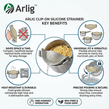 Clip On Pasta Strainer Silicone Universal Fit for all Pots and Bowls Snap On Drainer for Meat, Vegetables, Fruit Colander for Kitchen Easily Drain Food Space Saving