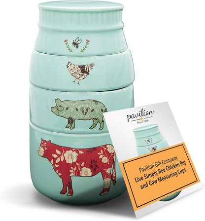 'Live Simply Bee, Chicken, Pig, and Cow' - 4-Piece Stoneware Measuring Cups Set, Sturdy Farmhouse-Style Kitchenware for Home Baking, Cooking, Gifting - Teal, 8 Ounces