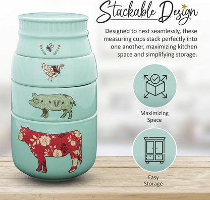 'Live Simply Bee, Chicken, Pig, and Cow' - 4-Piece Stoneware Measuring Cups Set, Sturdy Farmhouse-Style Kitchenware for Home Baking, Cooking, Gifting - Teal, 8 Ounces