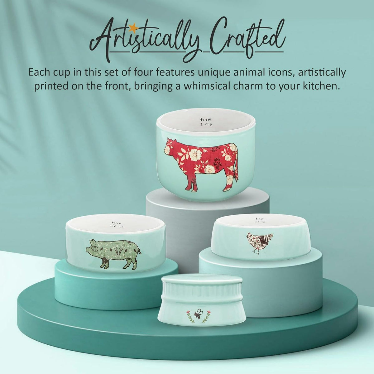 'Live Simply Bee, Chicken, Pig, and Cow' - 4-Piece Stoneware Measuring Cups Set, Sturdy Farmhouse-Style Kitchenware for Home Baking, Cooking, Gifting - Teal, 8 Ounces