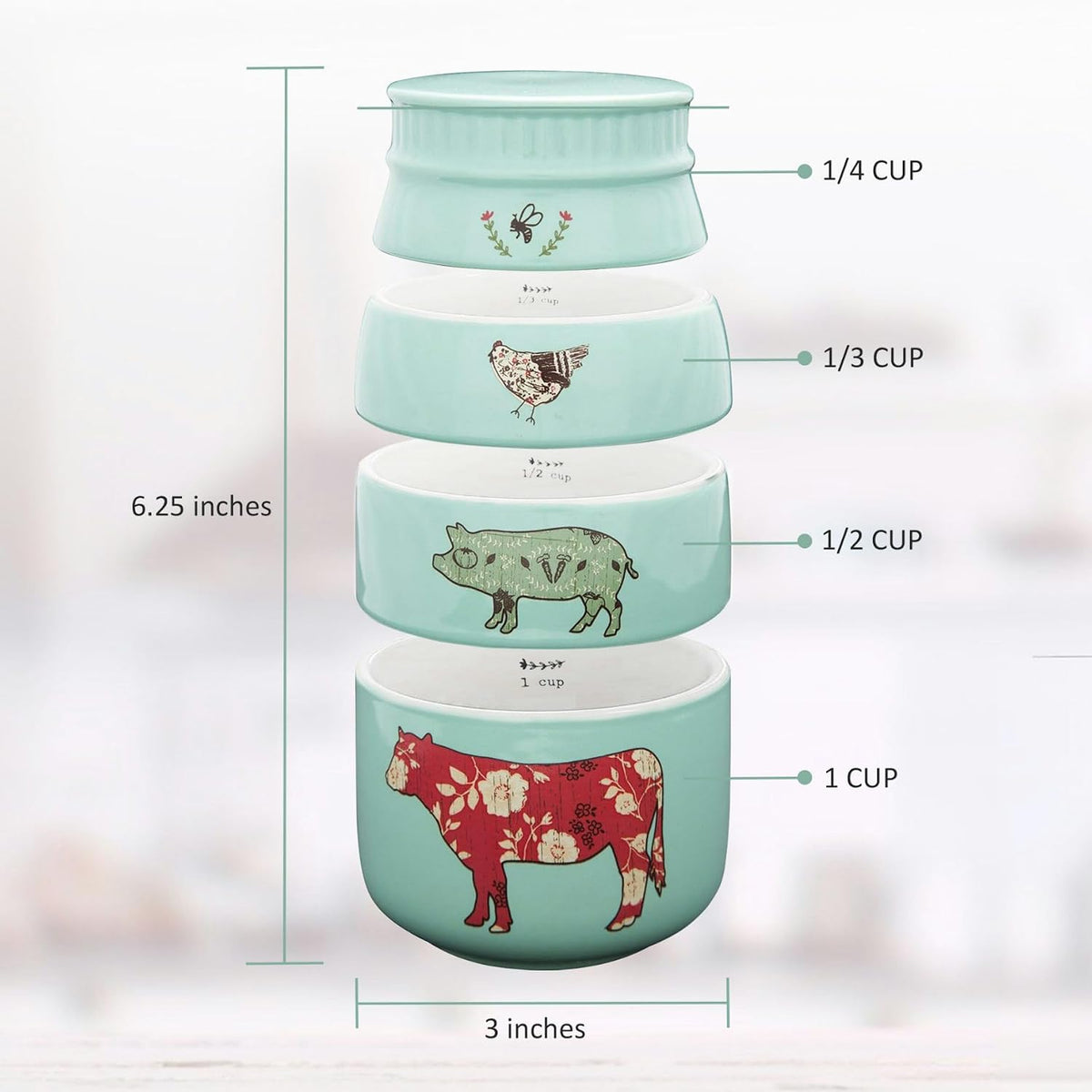 'Live Simply Bee, Chicken, Pig, and Cow' - 4-Piece Stoneware Measuring Cups Set, Sturdy Farmhouse-Style Kitchenware for Home Baking, Cooking, Gifting - Teal, 8 Ounces