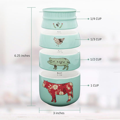 'Live Simply Bee, Chicken, Pig, and Cow' - 4-Piece Stoneware Measuring Cups Set, Sturdy Farmhouse-Style Kitchenware for Home Baking, Cooking, Gifting - Teal, 8 Ounces