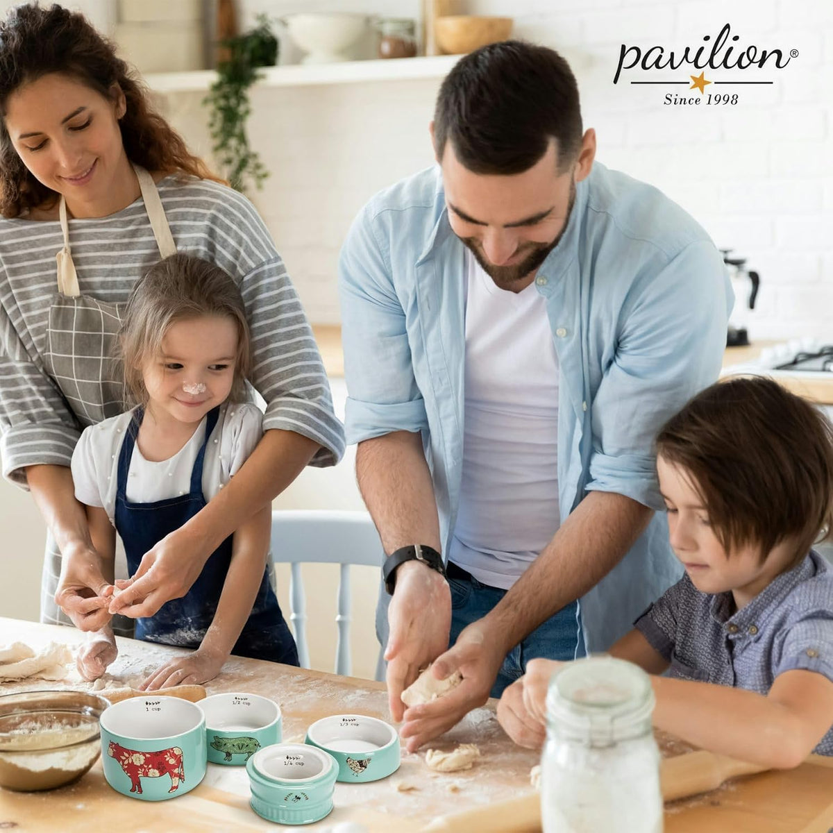 'Live Simply Bee, Chicken, Pig, and Cow' - 4-Piece Stoneware Measuring Cups Set, Sturdy Farmhouse-Style Kitchenware for Home Baking, Cooking, Gifting - Teal, 8 Ounces