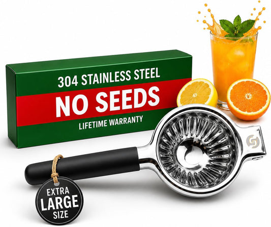 Handheld Lemon Squeezer Stainless Steel, Silicone Handle | Secure non-slip grip when wet. Large bowl fits whole big lemons. Works on lemons, limes, and small oranges. Dishwasher safe
