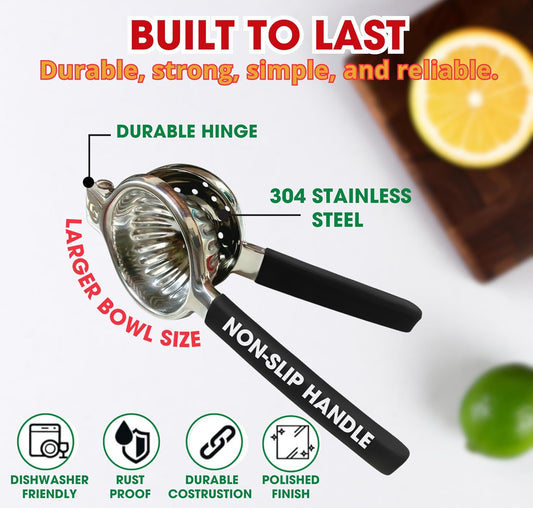 Handheld Lemon Squeezer Stainless Steel, Silicone Handle | Secure non-slip grip when wet. Large bowl fits whole big lemons. Works on lemons, limes, and small oranges. Dishwasher safe