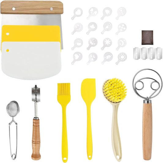 Sourdough Bread Baking Tool Set with Bread Lame & Blades, Bowl Scraper | Danish Dough Whisk Dough Scraper,Cleaning Brushand Silicone Brush Filter Tennis Ball,Spraying template, Sourdough Starter Kit