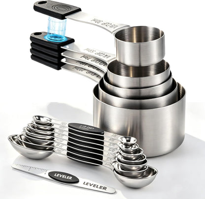 Magnetic Measuring Cups and Spoons Set of 13, Stainless Steel | 5 Magnetic Cups and 8 Double-Sided Spoons with Leveler, Stackable, Kitchen Gadgets for Cooking and Baking