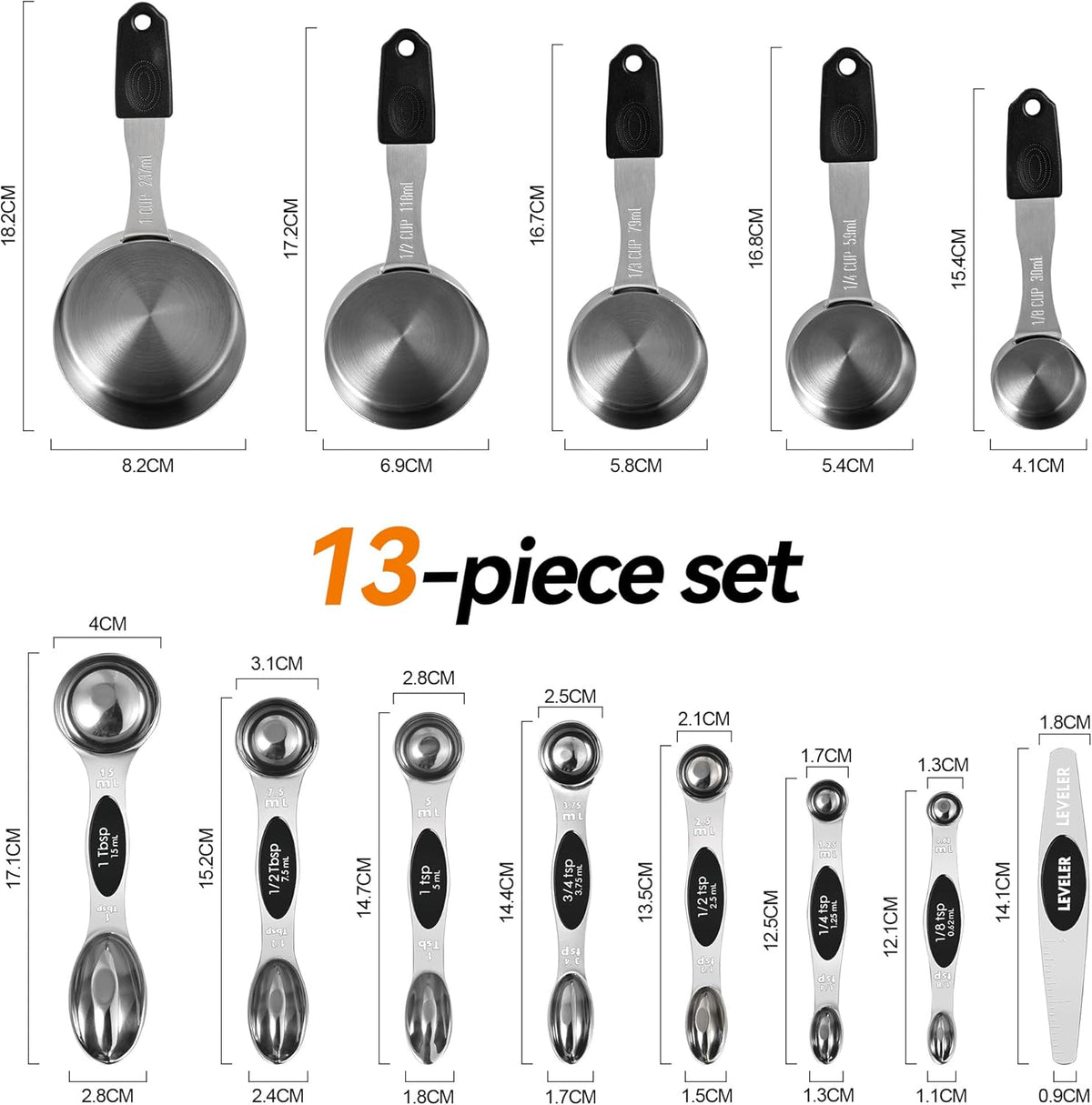 Magnetic Measuring Cups and Spoons Set of 13, Stainless Steel | 5 Magnetic Cups and 8 Double-Sided Spoons with Leveler, Stackable, Kitchen Gadgets for Cooking and Baking