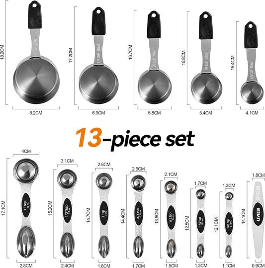Magnetic Measuring Cups and Spoons Set of 13, Stainless Steel | 5 Magnetic Cups and 8 Double-Sided Spoons with Leveler, Stackable, Kitchen Gadgets for Cooking and Baking
