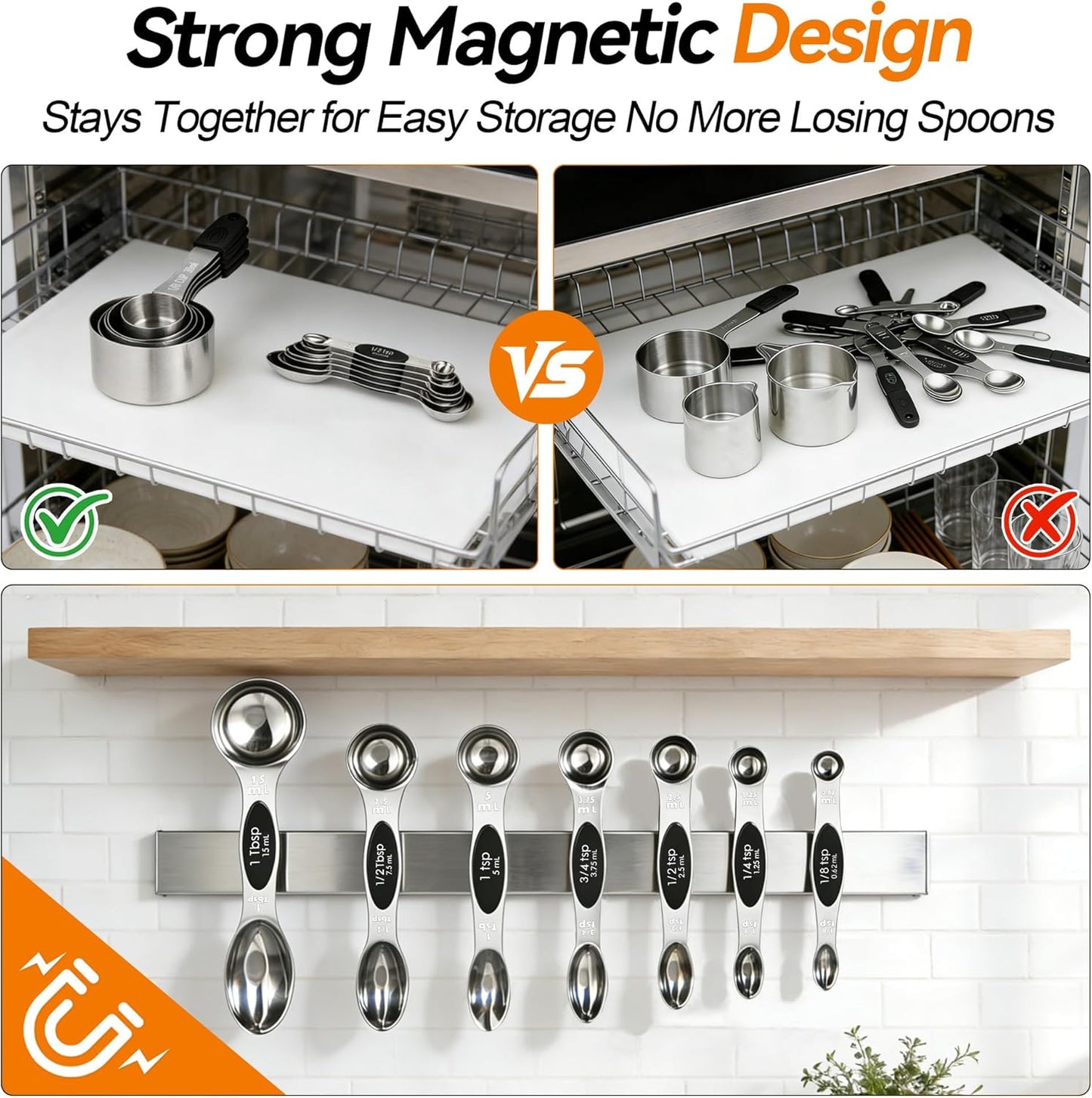 Magnetic Measuring Cups and Spoons Set of 13, Stainless Steel | 5 Magnetic Cups and 8 Double-Sided Spoons with Leveler, Stackable, Kitchen Gadgets for Cooking and Baking