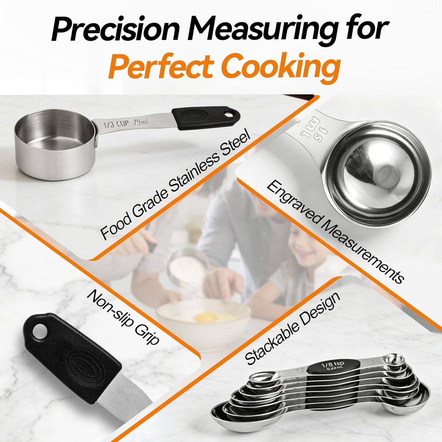 Magnetic Measuring Cups and Spoons Set of 13, Stainless Steel | 5 Magnetic Cups and 8 Double-Sided Spoons with Leveler, Stackable, Kitchen Gadgets for Cooking and Baking
