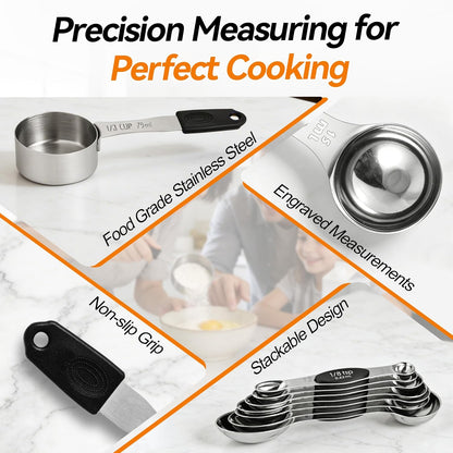 Magnetic Measuring Cups and Spoons Set of 13, Stainless Steel | 5 Magnetic Cups and 8 Double-Sided Spoons with Leveler, Stackable, Kitchen Gadgets for Cooking and Baking