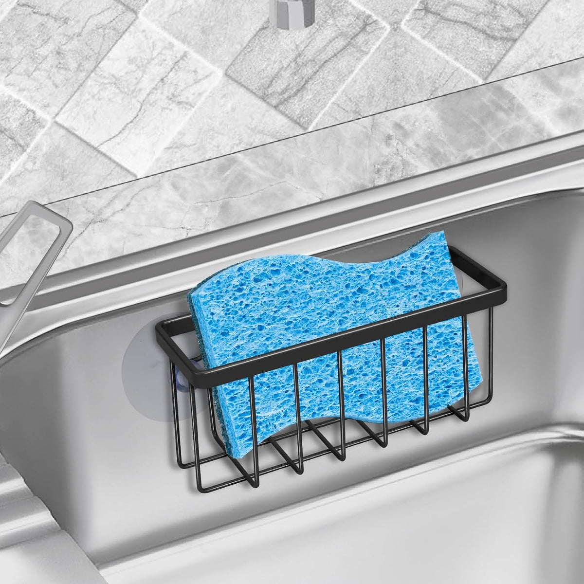 Sponge Holder for Kitchen Sink Suction,Dish Sponge Holder-Black | Kitchen Sink Caddy for Sponges, Scrubbers, Soap