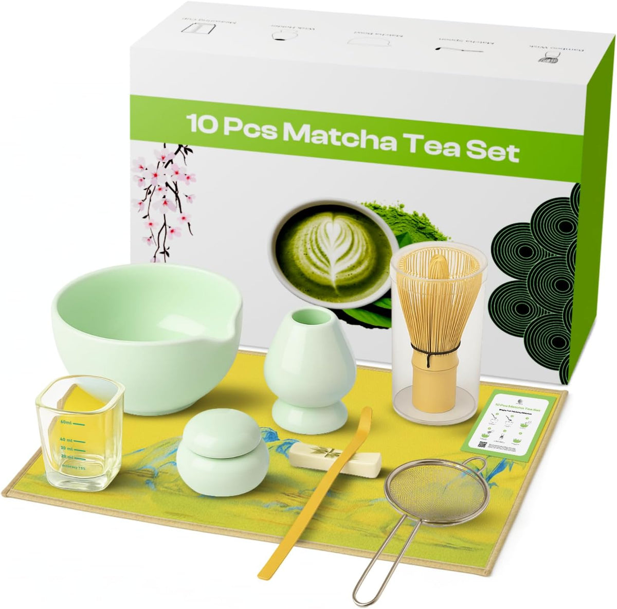 10-Piece Matcha Whisk Set | Complete Matcha Tea Kit with 17oz Ceramic Bowl, Bamboo Whisk & Scoop, Whisk Holder, Stainless Steel Sifter, Measuring Cup, Powder Caddy, Tea Towel | Gift-Ready Matcha Set