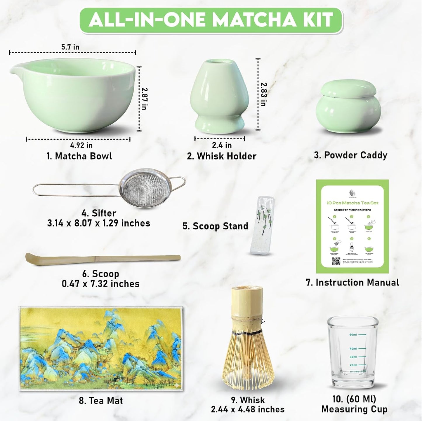 10-Piece Matcha Whisk Set | Complete Matcha Tea Kit with 17oz Ceramic Bowl, Bamboo Whisk & Scoop, Whisk Holder, Stainless Steel Sifter, Measuring Cup, Powder Caddy, Tea Towel | Gift-Ready Matcha Set