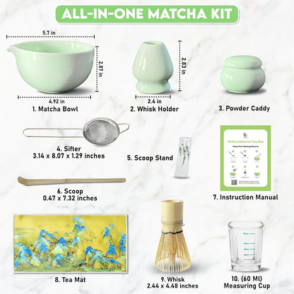 10-Piece Matcha Whisk Set | Complete Matcha Tea Kit with 17oz Ceramic Bowl, Bamboo Whisk & Scoop, Whisk Holder, Stainless Steel Sifter, Measuring Cup, Powder Caddy, Tea Towel | Gift-Ready Matcha Set