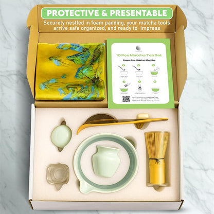 10-Piece Matcha Whisk Set | Complete Matcha Tea Kit with 17oz Ceramic Bowl, Bamboo Whisk & Scoop, Whisk Holder, Stainless Steel Sifter, Measuring Cup, Powder Caddy, Tea Towel | Gift-Ready Matcha Set